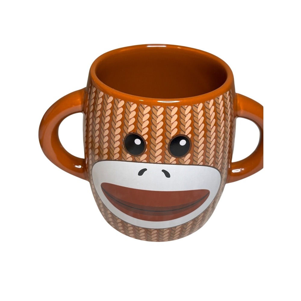 Galerie Sock Monkey Ceramic Mug Orange Two Handle Coffee Cup 4 Inch